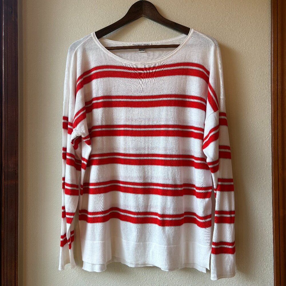 Pendleton White 100% Cotton Knit Sweater Red Stripes Long Sleeves Old Money Sz L